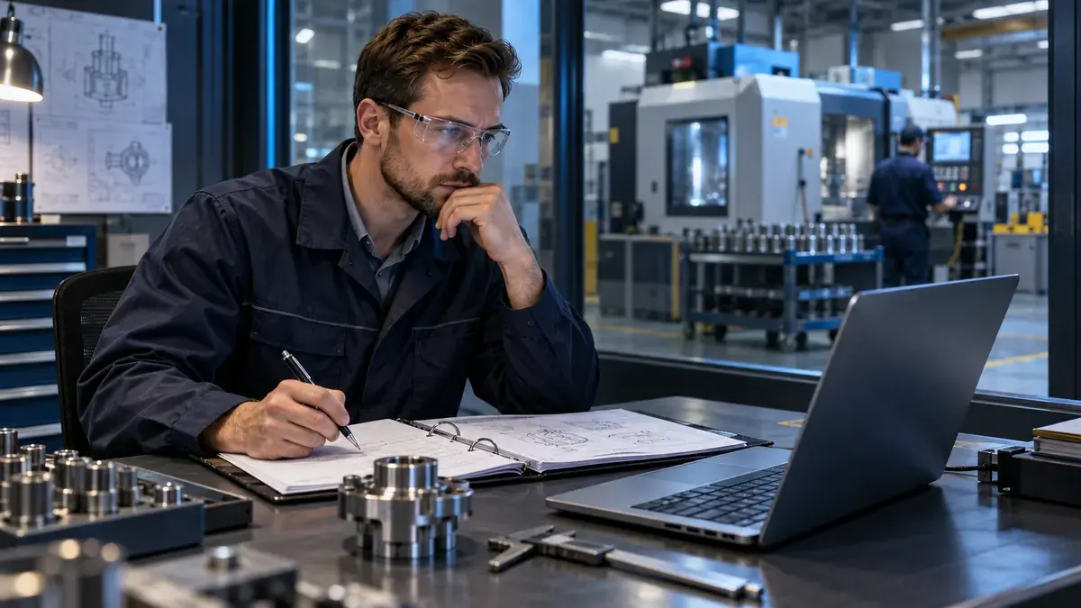 A quality engineer comparing process notes and technical drawings with a laptop at a factory engineering desk