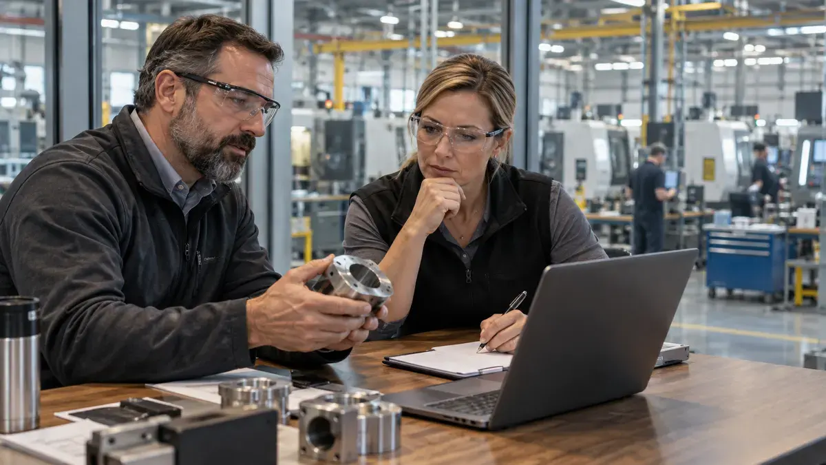 Manufacturing leaders evaluating a software demonstration against a checklist and a real component