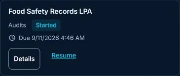 The same Food Safety Records LPA assignment and Resume action on a phone