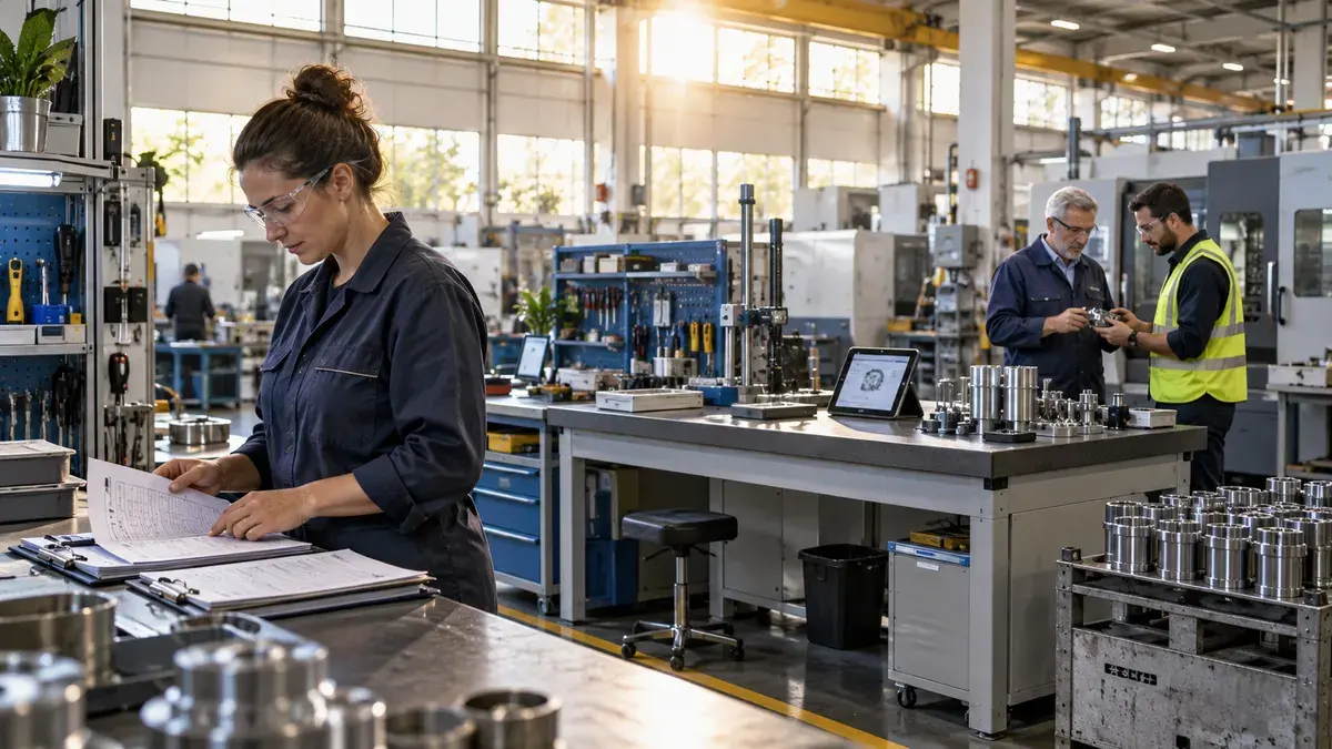 Paper records, a digital inspection bench and a team review within one organized manufacturing quality area
